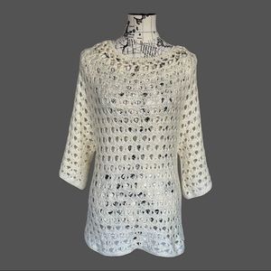 Chico’s Cream Open Knit Three-Quarter Sleeve Linen Blend Crochet Sweater